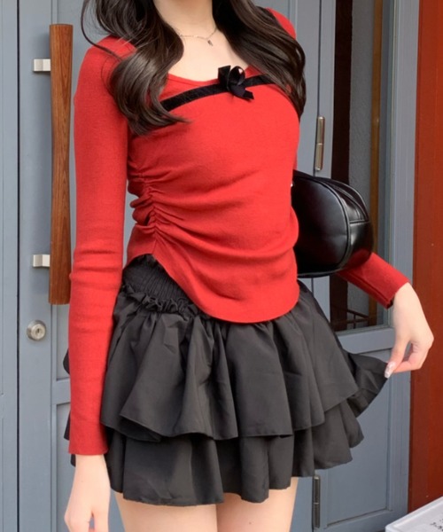 Mejoul（メジュール）の「ベロアリボンラウンドネック サイドギャザータイトピチニット（ニット/セーター・レディース・レッド/ホワイト/ブラック・M/L/F）」の20枚目の写真