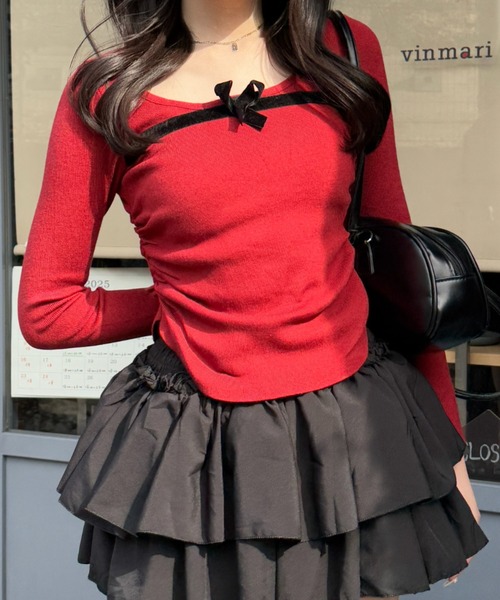 Mejoul（メジュール）の「ベロアリボンラウンドネック サイドギャザータイトピチニット（ニット/セーター・レディース・レッド/ホワイト/ブラック・M/L/F）」の15枚目の写真
