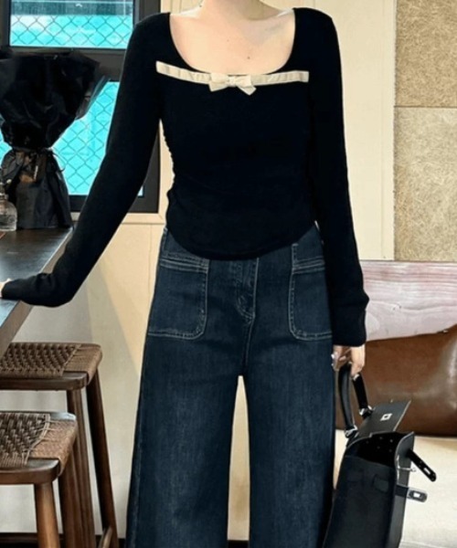 Mejoul（メジュール）の「ベロアリボンラウンドネック サイドギャザータイトピチニット（ニット/セーター・レディース・レッド/ホワイト/ブラック・M/L/F）」の16枚目の写真