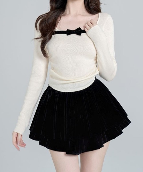 Mejoul（メジュール）の「ベロアリボンラウンドネック サイドギャザータイトピチニット（ニット/セーター・レディース・レッド/ホワイト/ブラック・M/L/F）」の6枚目の写真