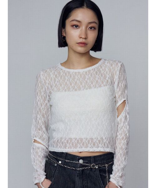 EMODA（エモダ）の「レースハングカットトップ（Tシャツ/カットソー・レディース・ホワイト/ブラック/ネイビー・FREE）」の2枚目の写真