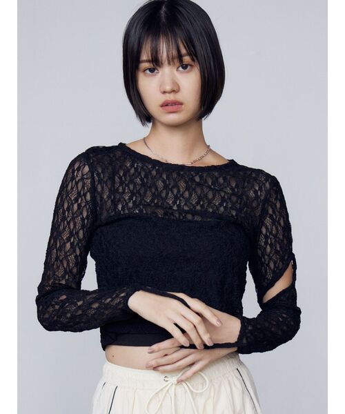 EMODA（エモダ）の「レースハングカットトップ（Tシャツ/カットソー・レディース・ホワイト/ブラック/ネイビー・FREE）」の3枚目の写真