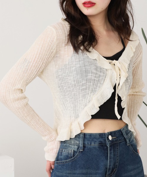 ROOPTOKYO（ループトウキョウ）の「薄手ニットカーディガン フリルボレロ（カーディガン/ボレロ・レディース・ブラック/ホワイト/パープル/ベージュ/イエロー/サックスブルー/ピンク・FREE）」の4枚目の写真