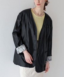 J by blue（ジェイバイブルー）の「レース切替ノーカラーレザージャケット（ノーカラージャケット）」
