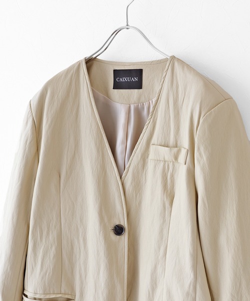 セール】レース切替ノーカラーレザージャケット（ノーカラージャケット