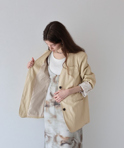 セール】レース切替ノーカラーレザージャケット（ノーカラージャケット