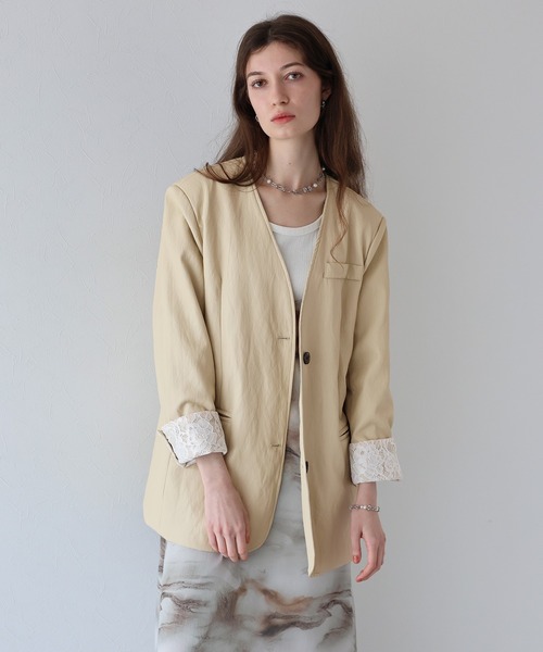 セール】レース切替ノーカラーレザージャケット（ノーカラージャケット