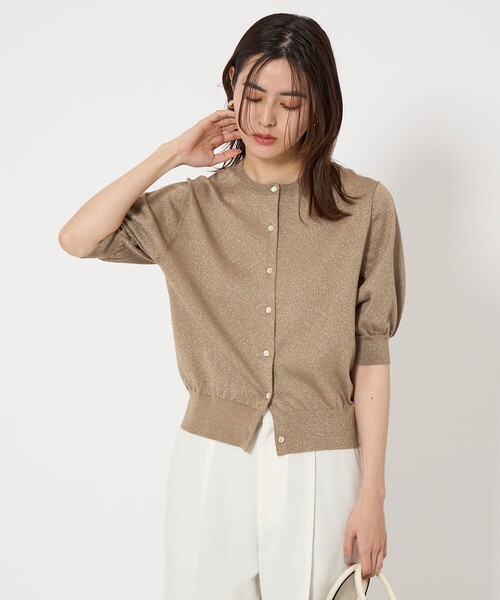 green label relaxing（グリーンレーベルリラクシング）の「ラメ フォルム ショートスリーブ ニット カーディガン（カーディガン/ボレロ・レディース・ベージュ/ライトグレー/グレー・FREE）」の4枚目の写真