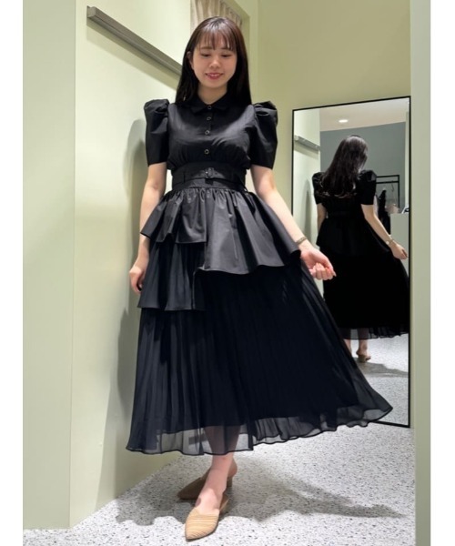 BCBG MAXAZRIA プリーツ ティアード チュール ブラック　ワンピース セール】アシメプリーツティアードワンピース（ワンピース
