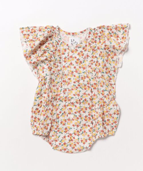 LaStella（ラステラ）の「花柄ﾌﾚｱｽﾘｰﾌﾞﾛﾝﾊﾟｽ（ロンパース・キッズ・レッド/パープル・80/70）」の2枚目の写真