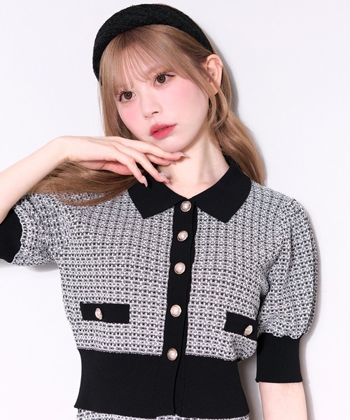 セール】【セットアップ可能】ツイードニットトップス（カーディガン