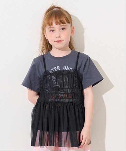 X-girl Stages（エックスガールステージス）の「チュールドッキングヴィンテージ半袖T（Tシャツ/カットソー・キッズ・チャコール/オフホワイト・140cm/130cm/100cm/110cm/120cm/90cm）」の2枚目の写真