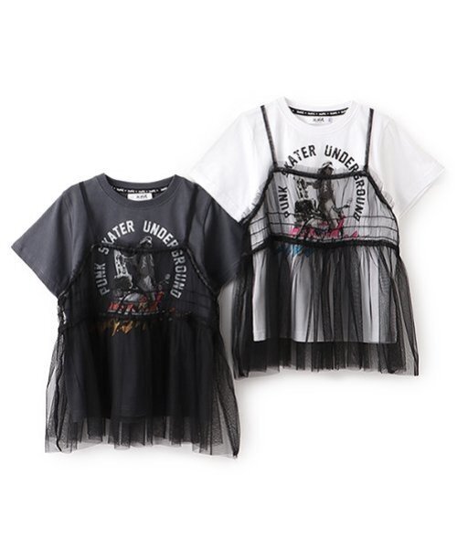 X-girl Stages（エックスガールステージス）の「チュールドッキングヴィンテージ半袖T（Tシャツ/カットソー・キッズ・チャコール/オフホワイト・140cm/130cm/100cm/110cm/120cm/90cm）」の9枚目の写真