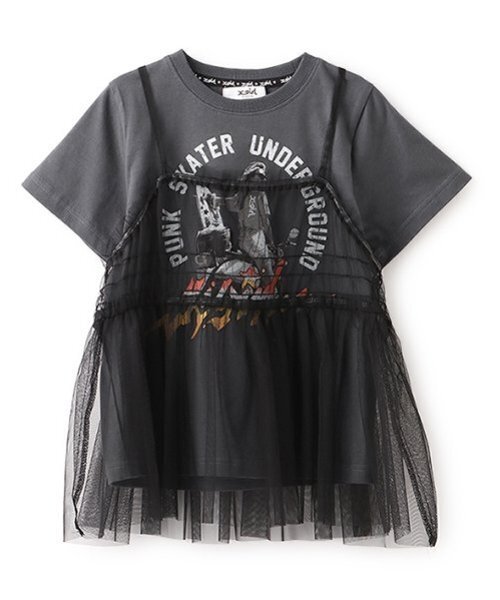 X-girl Stages（エックスガールステージス）の「チュールドッキングヴィンテージ半袖T（Tシャツ/カットソー・キッズ・チャコール/オフホワイト・140cm/130cm/100cm/110cm/120cm/90cm）」の8枚目の写真