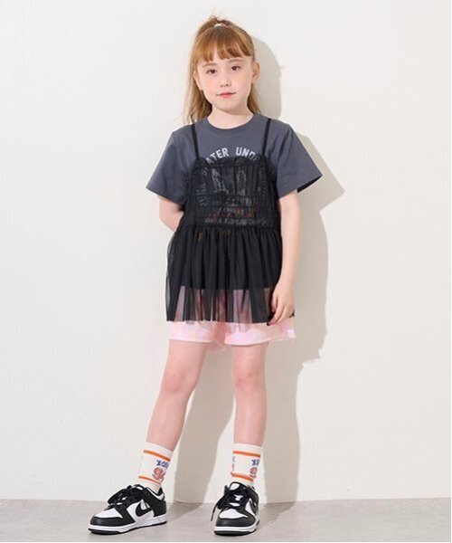 X-girl Stages（エックスガールステージス）の「チュールドッキングヴィンテージ半袖T（Tシャツ/カットソー・キッズ・チャコール/オフホワイト・140cm/130cm/100cm/110cm/120cm/90cm）」の6枚目の写真