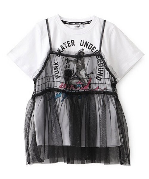 X-girl Stages（エックスガールステージス）の「チュールドッキングヴィンテージ半袖T（Tシャツ/カットソー・キッズ・チャコール/オフホワイト・140cm/130cm/100cm/110cm/120cm/90cm）」の3枚目の写真