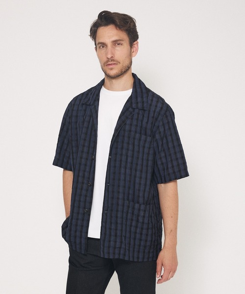 DESIGNWORKS(デザインワークス)の「【超軽量】シアー オープンカラー チェックシャツ(シャツ/ブラウス・メンズ・ネイビー/スミクロ・46/48/50)」の1枚目の写真