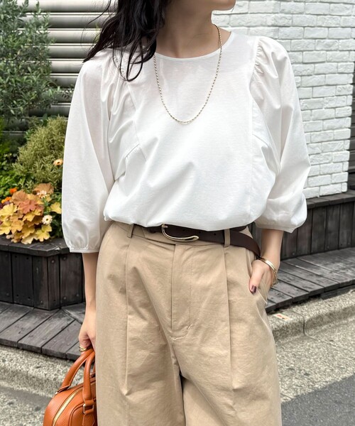 fredy emue(フレディエミュ)の「シルケット袖ギャザーカットソーブラウス(Tシャツ/カットソー・レディース・ベージュ/オフホワイト/チャコールグレー/ベビーピンク・38)」の1枚目の写真