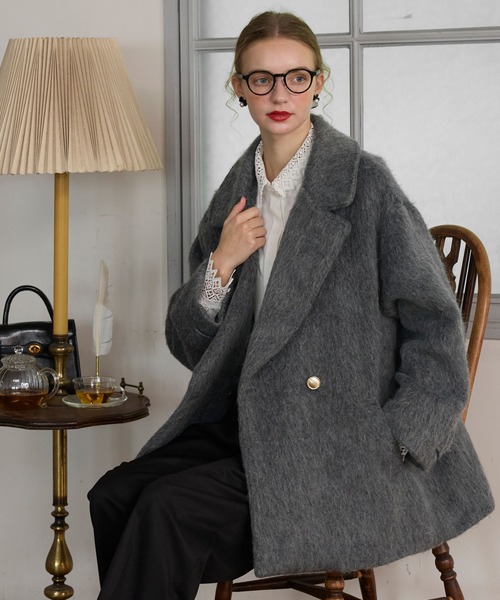 BONLECILL noir】シャギーメルトンミドル丈テーラードAラインコート