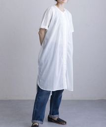 vintage♡ノーカラー ロングシャツ シャツワンピ フランスヴィンテージ 選べる2タイプ ノーカラーシャツワンピ―ス [E2731] - レディース