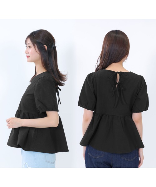 新作新品 MARY QUANT マリークヮント 半袖 ペプラムチュニック黒M セール】ダブルリボンペプラム ブラウス（シャツ/ブラウス）｜MARY