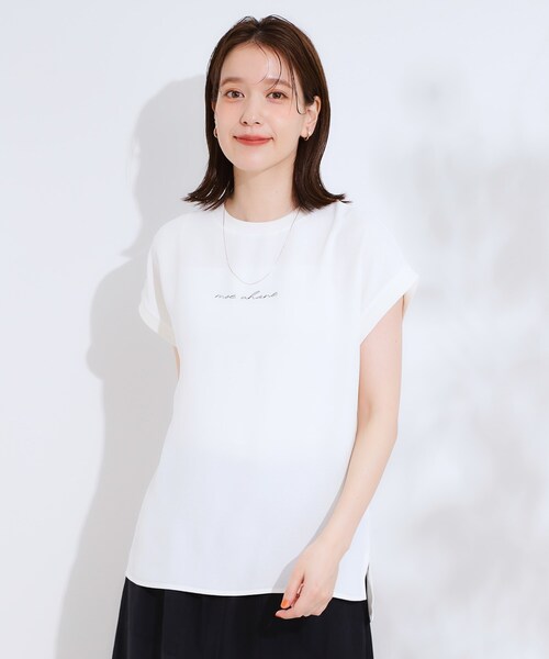 DRESKIP（ドレスキップ）の「【S-LL/ひんやり/洗濯後しわになりにくい】程よいシアー感 ロゴTシャツブラウス（シャツ/ブラウス・レディース・ブラック/オフホワイト/ライトオレンジ系/グリーン系・04/03/02/01）」の5枚目の写真