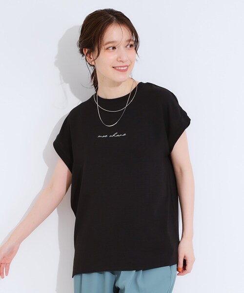 DRESKIP（ドレスキップ）の「【S-LL/ひんやり/洗濯後しわになりにくい】程よいシアー感 ロゴTシャツブラウス（シャツ/ブラウス・レディース・ブラック/オフホワイト/ライトオレンジ系/グリーン系・04/03/02/01）」の9枚目の写真