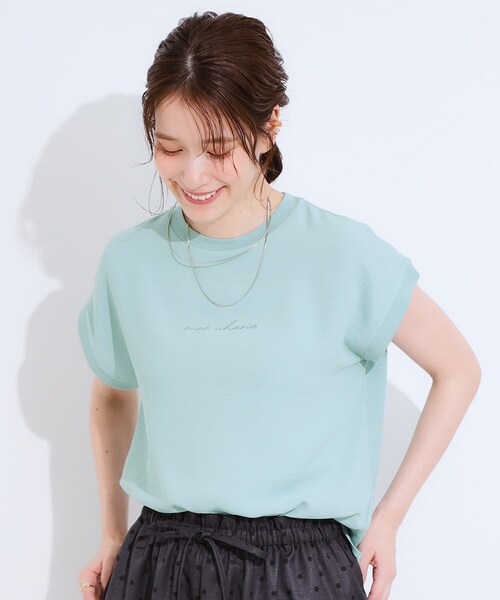DRESKIP（ドレスキップ）の「【S-LL/ひんやり/洗濯後しわになりにくい】程よいシアー感 ロゴTシャツブラウス（シャツ/ブラウス・レディース・ブラック/オフホワイト/ライトオレンジ系/グリーン系・04/03/02/01）」の13枚目の写真