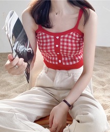 Lilamusant（リラミュゾン）の「【RS】【Lilamusant(リラミュゾン)】クロップドチェックキャミソール　ハートモチーフ　ビスチェ　ショート丈　韓国　Y2K（キャミソール）」