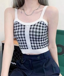 Lilamusant（リラミュゾン）の「【RS】【Lilamusant(リラミュゾン)】クロップドチェックキャミソール　ハートモチーフ　ビスチェ　ショート丈　韓国　Y2K（キャミソール）」