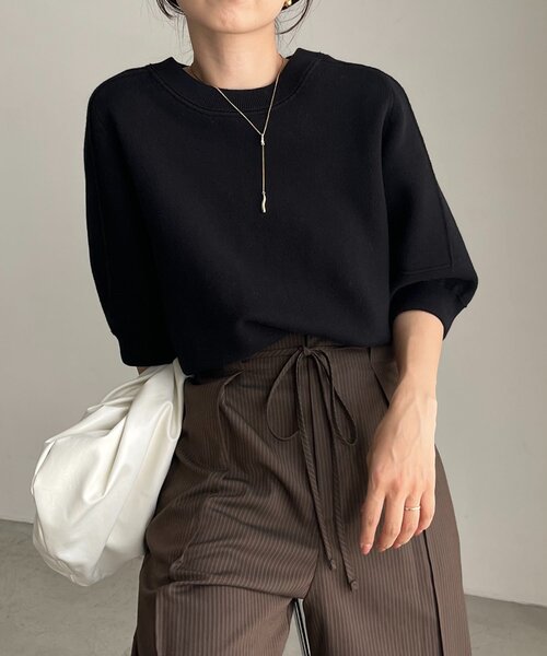 CAPRICIEUX LE'MAGE(カプリシューレマージュ)の「スウェットライク半袖ニット(ニット/セーター・レディース・ライトグレー/レッド/ブラック・FREE)」の18枚目の写真