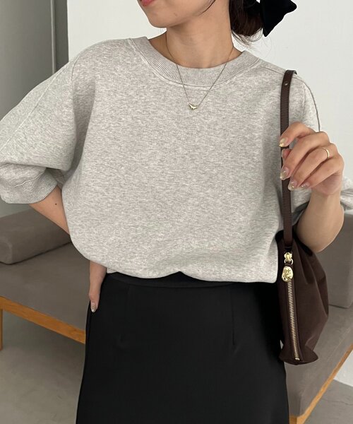 CAPRICIEUX LE'MAGE(カプリシューレマージュ)の「スウェットライク半袖ニット(ニット/セーター・レディース・ライトグレー/レッド/ブラック・FREE)」の7枚目の写真