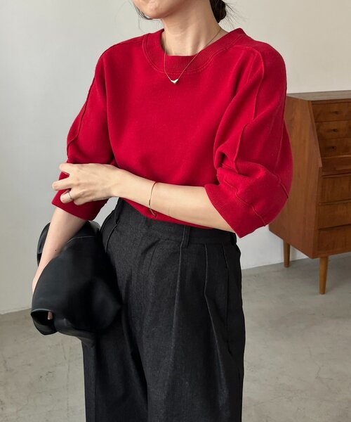 CAPRICIEUX LE'MAGE(カプリシューレマージュ)の「スウェットライク半袖ニット(ニット/セーター・レディース・ライトグレー/レッド/ブラック・FREE)」の14枚目の写真