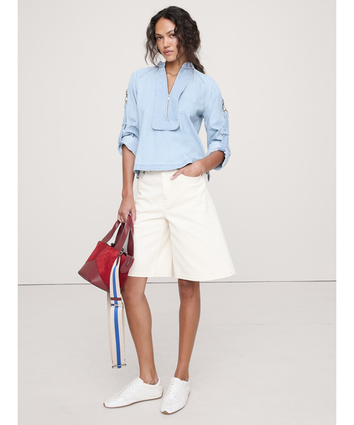 シャンブレー ジップ ポップオーバー トップス（シャツ/ブラウス