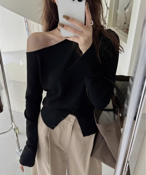 LAC-VERT(ラック・ヴェール)の「ウエストボタンオフショルニットトップス(Tシャツ/カットソー・レディース・ベージュ/アイボリー/ブラック/グリーン・FREE)」の10枚目の写真