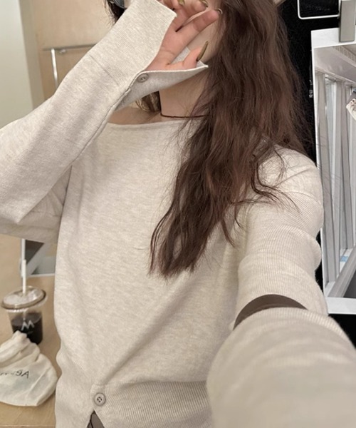 LAC-VERT(ラック・ヴェール)の「ウエストボタンオフショルニットトップス(Tシャツ/カットソー・レディース・ベージュ/アイボリー/ブラック/グリーン・FREE)」の8枚目の写真