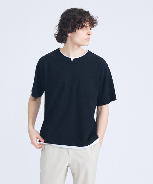 ABAHOUSE(アバハウス)の「キーネック カノコ半袖Tシャツ / フェイクレイヤード(Tシャツ/カットソー・メンズ・グレイッシュブルー/ブラック/ホワイト・46/48)」の3枚目の写真