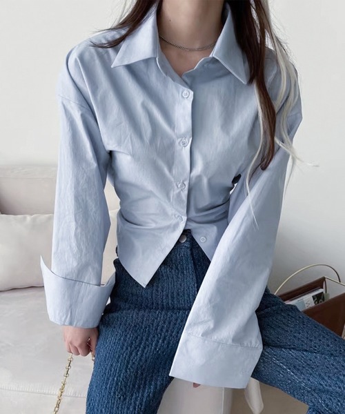 Lace Ladies(レースレディース)の「バック レースアップ ビッグ カフス シャツ(シャツ/ブラウス・レディース・ブルー/ブラック・S/M/XL)」の1枚目の写真