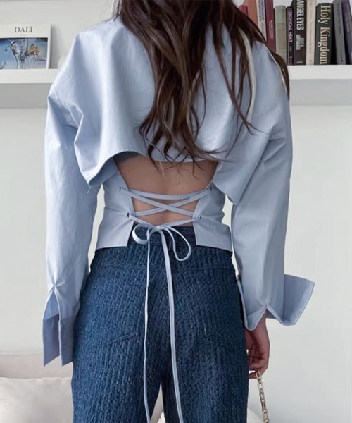 Lace Ladies(レースレディース)の「バック レースアップ ビッグ カフス シャツ(シャツ/ブラウス・レディース・ブルー/ブラック・S/M/XL)」の5枚目の写真