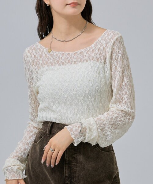 mystic（ミスティック）の「【肌触りよく伸縮性もあり◎/レイヤードスタイルにも】レースプルオーバー（Tシャツ/カットソー・レディース・ベージュ/オフホワイト/ブラック・FREE）」の3枚目の写真