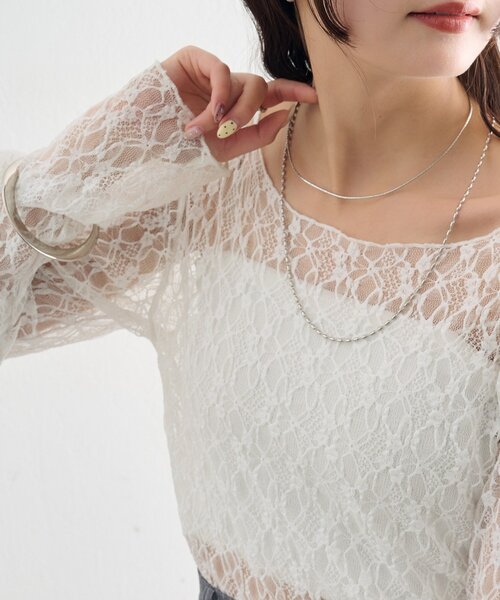 mystic（ミスティック）の「【肌触りよく伸縮性もあり◎/レイヤードスタイルにも】レースプルオーバー（Tシャツ/カットソー・レディース・ベージュ/オフホワイト/ブラック・FREE）」の6枚目の写真