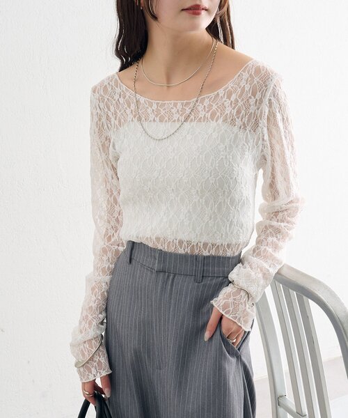 mystic（ミスティック）の「【肌触りよく伸縮性もあり◎/レイヤードスタイルにも】レースプルオーバー（Tシャツ/カットソー・レディース・ベージュ/オフホワイト/ブラック・FREE）」の10枚目の写真