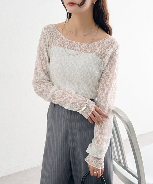 mystic（ミスティック）の「【肌触りよく伸縮性もあり◎/レイヤードスタイルにも】レースプルオーバー（Tシャツ/カットソー・レディース・ベージュ/オフホワイト/ブラック・FREE）」の11枚目の写真