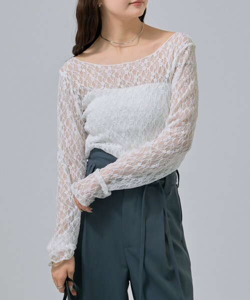 mystic（ミスティック）の「【肌触りよく伸縮性もあり◎/レイヤードスタイルにも】レースプルオーバー（Tシャツ/カットソー・レディース・ベージュ/オフホワイト/ブラック・FREE）」の15枚目の写真