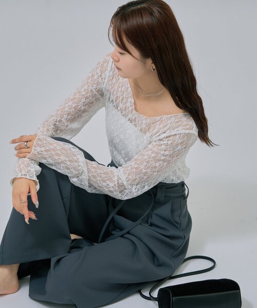 mystic（ミスティック）の「【肌触りよく伸縮性もあり◎/レイヤードスタイルにも】レースプルオーバー（Tシャツ/カットソー・レディース・ベージュ/オフホワイト/ブラック・FREE）」の19枚目の写真