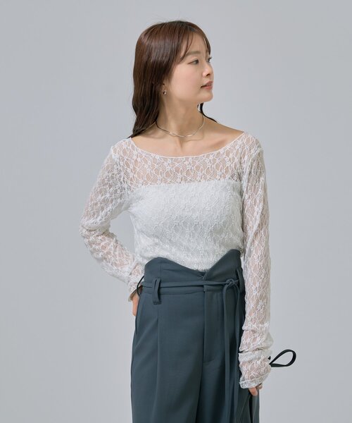 mystic（ミスティック）の「【肌触りよく伸縮性もあり◎/レイヤードスタイルにも】レースプルオーバー（Tシャツ/カットソー・レディース・ベージュ/オフホワイト/ブラック・FREE）」の21枚目の写真