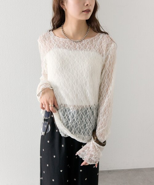 mystic(ミスティック)の「【肌触りよく伸縮性もあり◎/レイヤードスタイルにも】レースプルオーバー(Tシャツ/カットソー・レディース・ベージュ/オフホワイト/ブラック・FREE)」の4枚目の写真