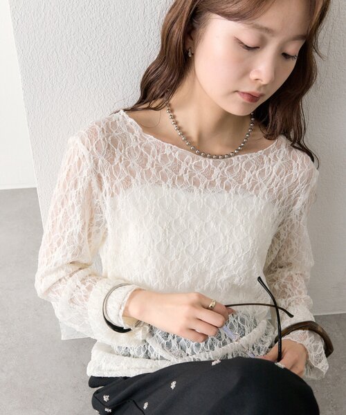 mystic(ミスティック)の「【肌触りよく伸縮性もあり◎/レイヤードスタイルにも】レースプルオーバー(Tシャツ/カットソー・レディース・ベージュ/オフホワイト/ブラック・FREE)」の15枚目の写真