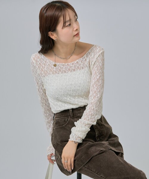 mystic(ミスティック)の「【肌触りよく伸縮性もあり◎/レイヤードスタイルにも】レースプルオーバー(Tシャツ/カットソー・レディース・ベージュ/オフホワイト/ブラック・FREE)」の18枚目の写真