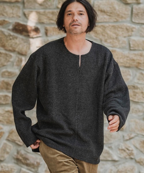 CAMBIO（カンビオ）の「mlt5428-Big Waffle Knit saw Zipper Henley Neck Pullover ワッフル二ットソープルオーバー(A57125cmb)（Tシャツ/カットソー・メンズ・ブラック/キナリ/チャコール・S/M/L）」の4枚目の写真